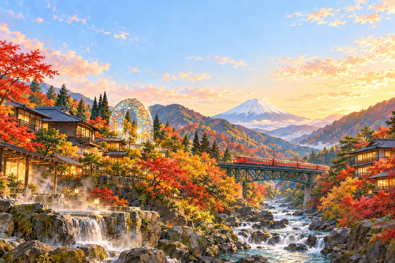 紅葉の箱根と登山電車、富士山のイラスト